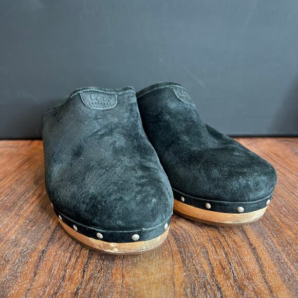 UGG Australia Black Suede Leather Studded Wood Heel‎ Platform Clogs Mules - Picture 12 of 16
